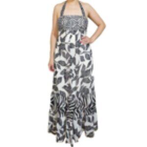 WHITE HOUSE BLACK MARKET  WHITE-BLACK FLORAL HALTER TIERED MAXI DRESS SZ: 0 NWT